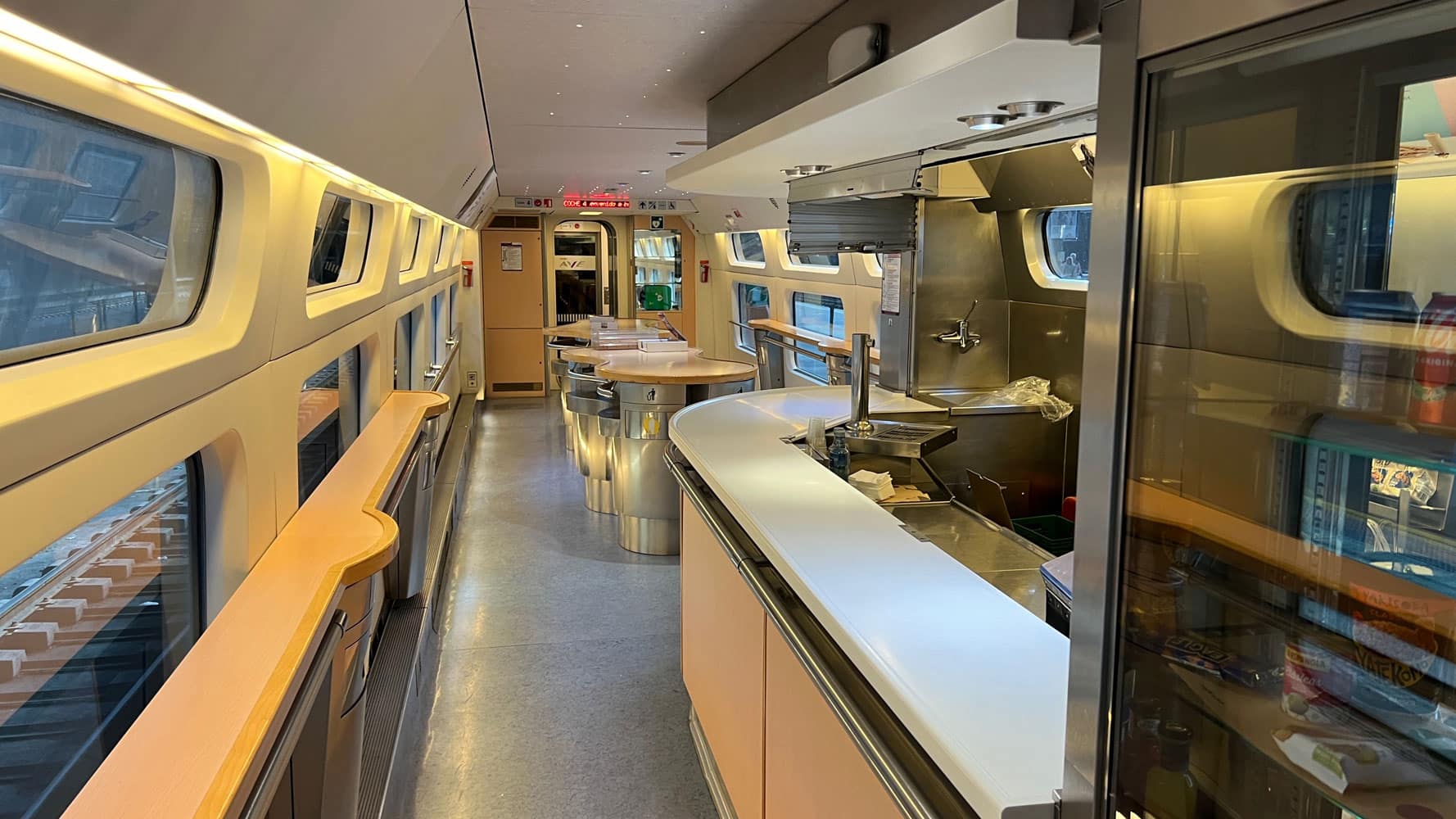 Experience Madrid to Seville by train always at high speed over 300 km/h 1 Madrid to Seville train – Renfe AVE bar wagon interior