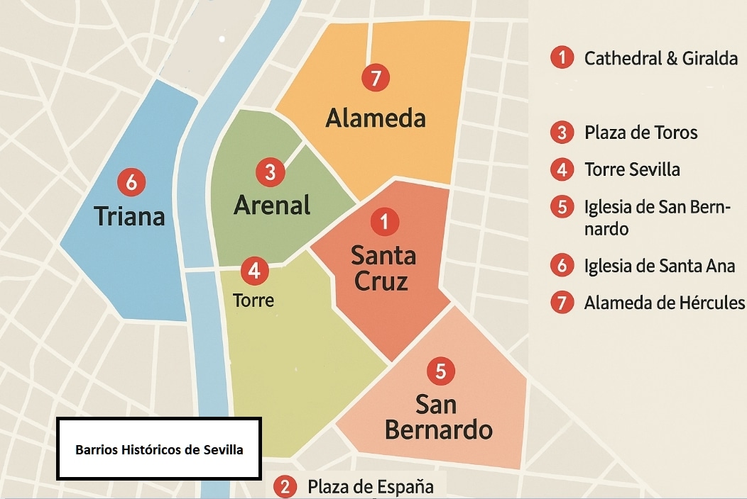 5 mejores zonas para su alojamiento Sevilla Semana Santa 6 Mapa con los mejores barrios para alojarse en Sevilla durante Semana Santa: Santa Cruz, Triana, Arenal, San Bernardo y Alameda